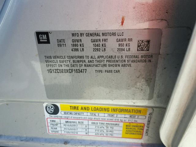 1G1ZC5E0XCF163477 - 2012 CHEVROLET MALIBU 1LT 银色 照片 10