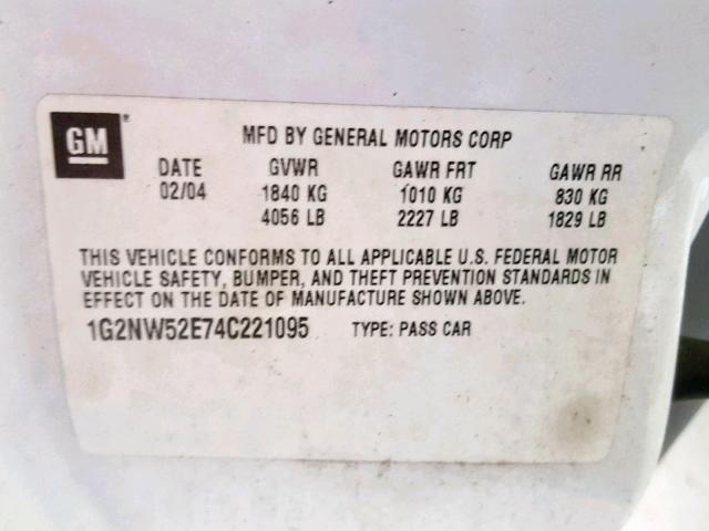 1G2NW52E74C221095 - 2004 PONTIAC GRAND AM G WHITE photo 10