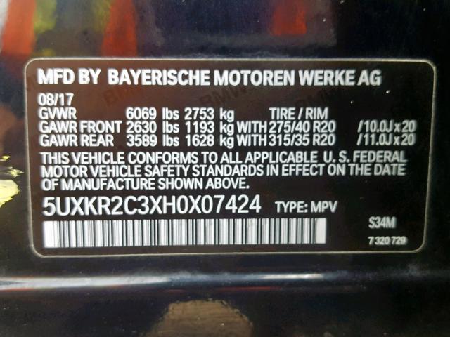5UXKR2C3XH0X07424 - 2017 BMW X5 SDRIVE3 BLACK photo 10