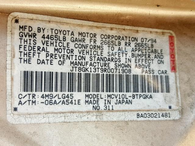 JT8GK13T9R0071908 - 1994 LEXUS ES 300 SILVER photo 10