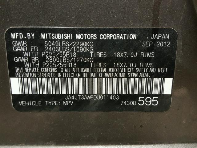 JA4JT3AW8DU011403 - 2013 MITSUBISHI OUTLANDER GRAY photo 10