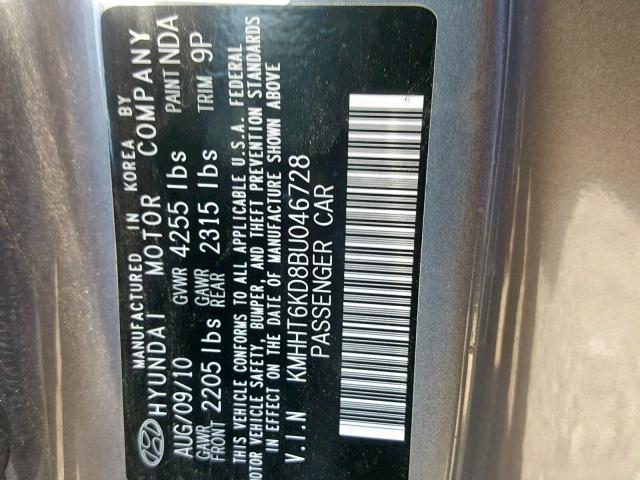 KMHHT6KD8BU046728 - 2011 HYUNDAI GENESIS CO GRAY photo 10