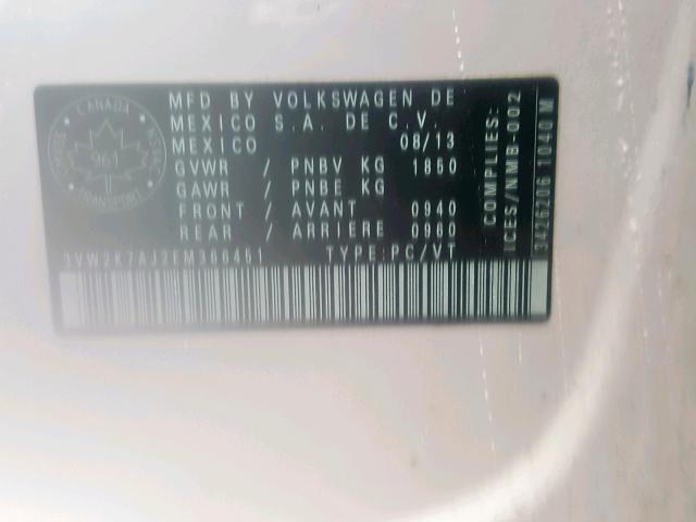 3VW2K7AJ2EM366451 - 2014 VOLKSWAGEN JETTA BASE WHITE photo 10