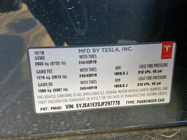 5YJSA1E20JF297778 - 2018 TESLA MODEL S CHARCOAL photo 10