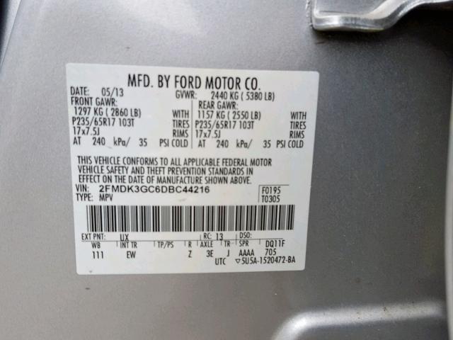 2FMDK3GC6DBC44216 - 2013 FORD EDGE SE SILVER photo 10