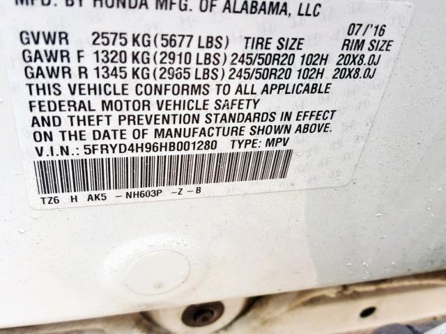 5FRYD4H96HB001280 - 2017 ACURA MDX ADVANC WHITE photo 10