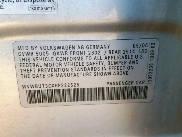 WVWBU73CX6P222525 - 2006 VOLKSWAGEN PASSAT 3.6 SILVER photo 10