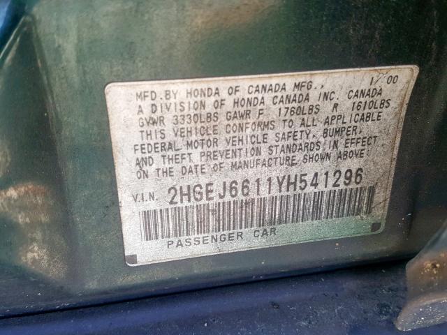 2HGEJ6611YH541296 - 2000 HONDA CIVIC BASE GREEN photo 10