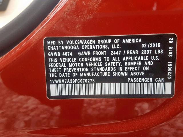 1VWBV7A39FC070273 - 2015 VOLKSWAGEN PASSAT SE RED photo 10