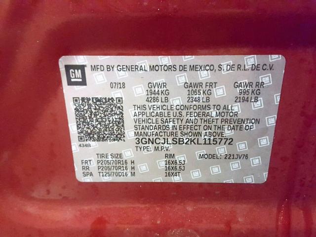 3GNCJLSB2KL115772 - 2019 CHEVROLET TRAX 1LT RED photo 10