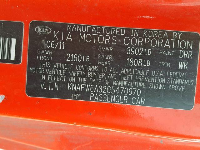 KNAFW6A32C5470670 - 2012 KIA FORTE SX RED photo 10