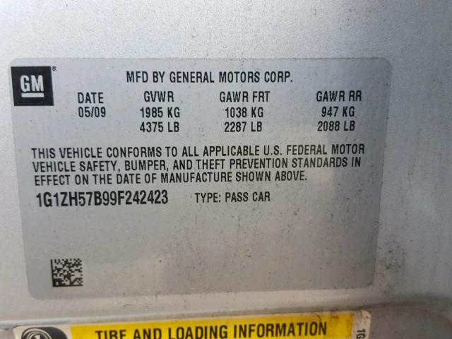 1G1ZH57B99F242423 - 2009 CHEVROLET MALIBU 1LT ვერცხლისფერი ფოტო 10