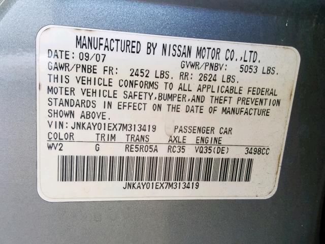 JNKAY01EX7M313419 - 2007 INFINITI M35 BASE SILVER photo 10