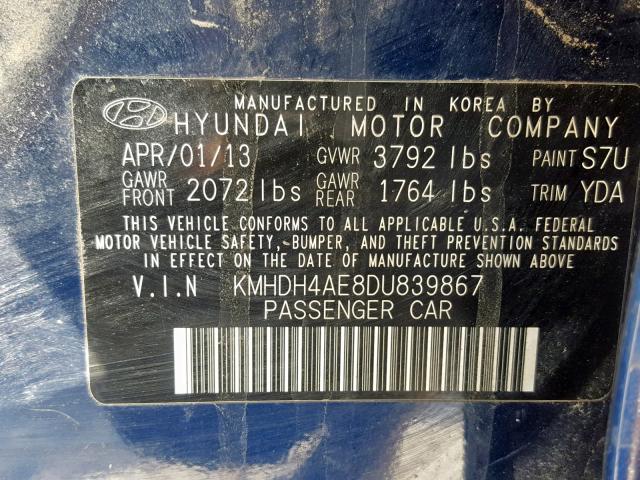 KMHDH4AE8DU839867 - 2013 HYUNDAI ELANTRA GL BLUE photo 10