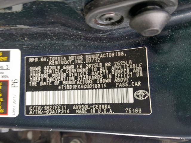 4T1BD1FK4CU018814 - 2012 TOYOTA CAMRY HYBR GRAY photo 10