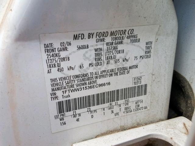 1FTWW31536EC96616 - 2006 FORD F350 SRW S WHITE photo 10