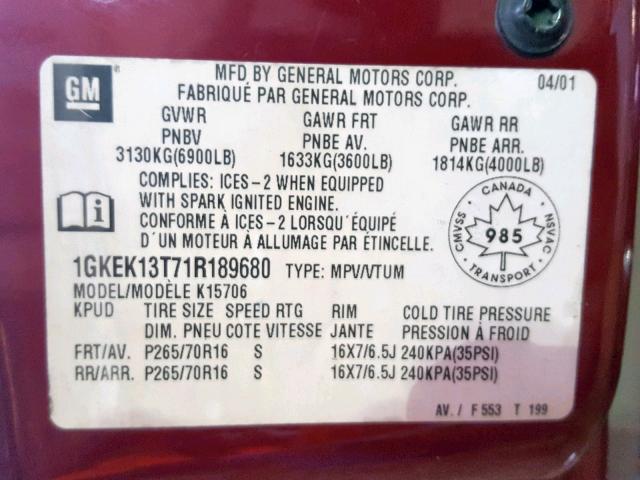 1GKEK13T71R189680 - 2001 GMC YUKON MAROON photo 10