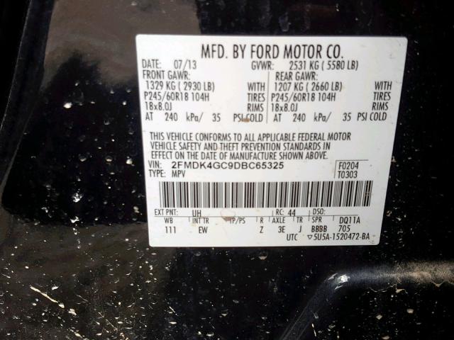 2FMDK4GC9DBC65325 - 2013 FORD EDGE SE BLACK photo 10