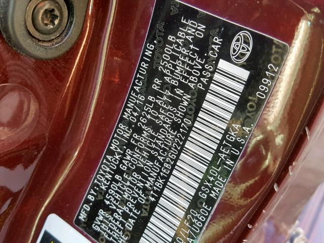 4T1BK1EB2GU222170 - 2016 TOYOTA AVALON XLE RED photo 10