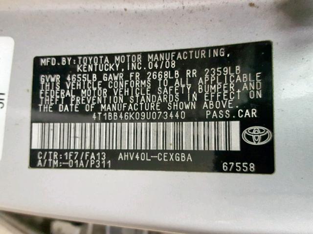 4T1BB46K09U073440 - 2009 TOYOTA CAMRY HYBR SILVER photo 10