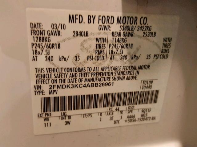 2FMDK3KC4ABB26961 - 2010 FORD EDGE LIMIT WHITE photo 10