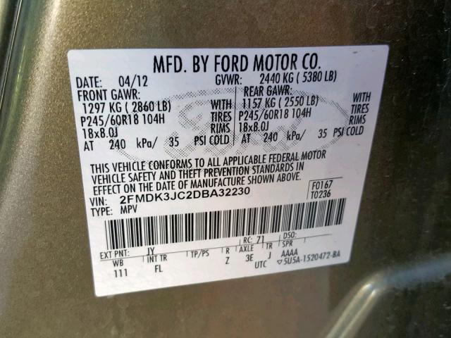 2FMDK3JC2DBA32230 - 2013 FORD EDGE SEL GREEN photo 10