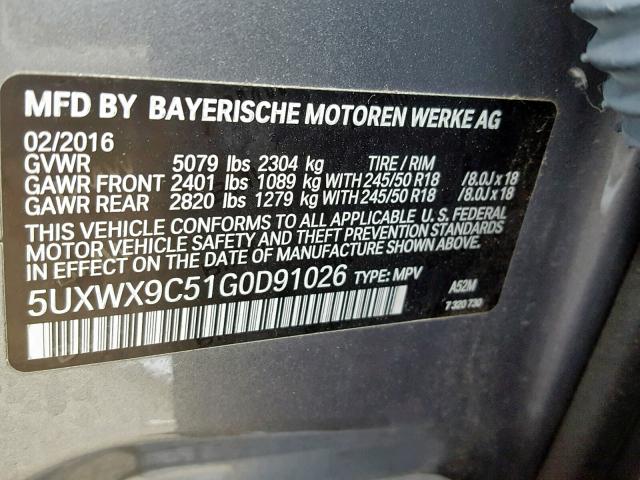 5UXWX9C51G0D91026 - 2016 BMW X3 XDRIVE2 GRAY photo 10