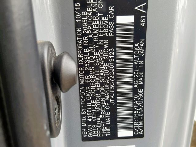 JTKJF5C72GJ019123 - 2016 TOYOTA SCION TC ნაცრისფერი ფოტო 10