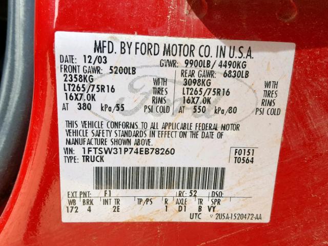1FTSW31P74EB78260 - 2004 FORD F350 SRW S RED photo 10