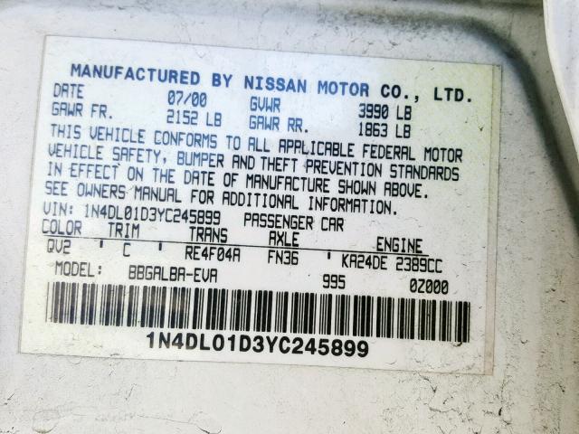 1N4DL01D3YC245899 - 2000 NISSAN ALTIMA XE WHITE photo 10