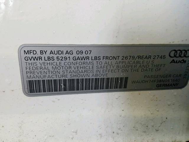 WAUDH74F38N051540 - 2008 AUDI A6 3.2 QUA WHITE photo 10