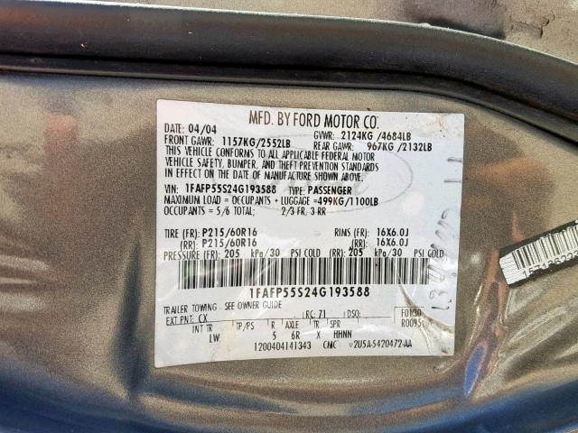 1FAFP55S24G193588 - 2004 FORD TAURUS SES CHARCOAL photo 10