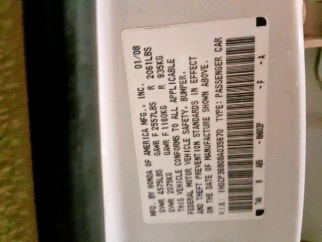 1HGCP36808A035670 - 2008 HONDA ACCORD EXL WHITE photo 10