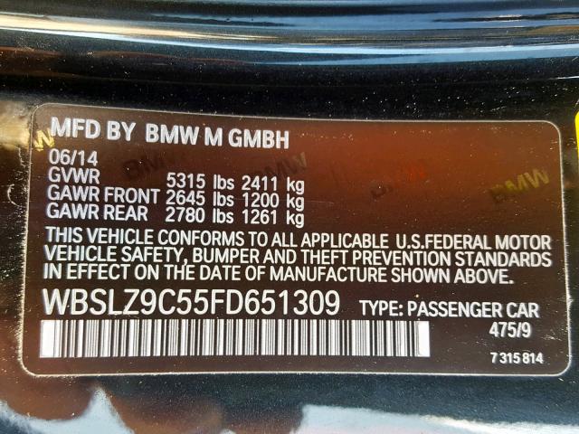WBSLZ9C55FD651309 - 2015 BMW M6 BLACK photo 10