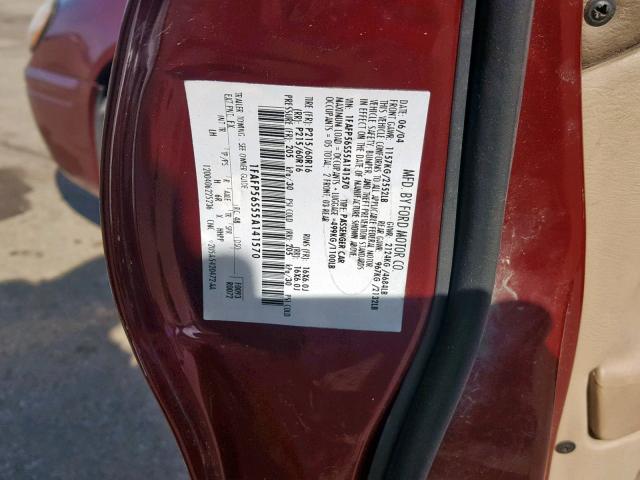 1FAFP56S55A141570 - 2005 FORD TAURUS SEL BURGUNDY photo 10