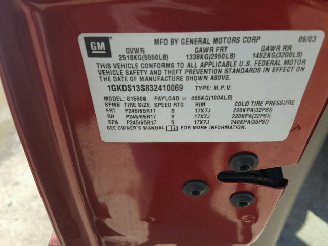 1GKDS13S832410069 - 2003 GMC ENVOY RED photo 10