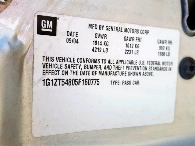 1G1ZT54805F160775 - 2005 CHEVROLET MALIBU LS SILVER photo 10
