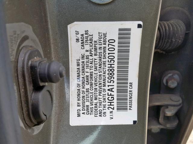 2HGFA15988H501070 - 2008 HONDA CIVIC EXL GRAY photo 10