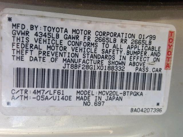 JT8BF28G1X0188332 - 1999 LEXUS ES 300 SILVER photo 10