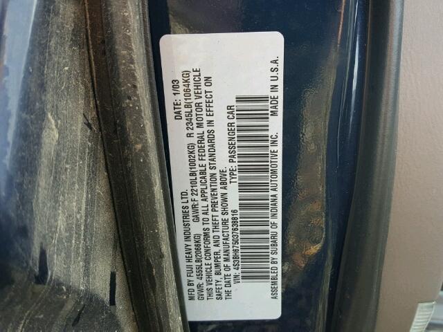 4S3BH675037638816 - 2003 SUBARU LEGACY OUT BLACK photo 10