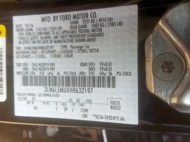 3LN6L5MUXHR632197 - 2017 LINCOLN MKZ HYBRID BLACK photo 10