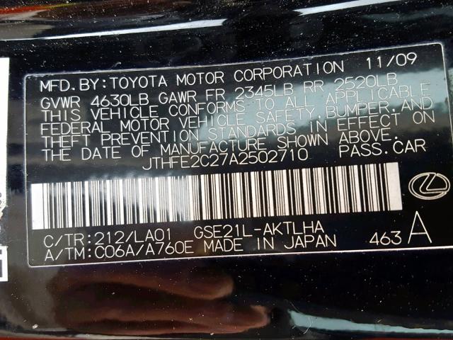 JTHFE2C27A2502710 - 2010 LEXUS IS 350 BLACK photo 10