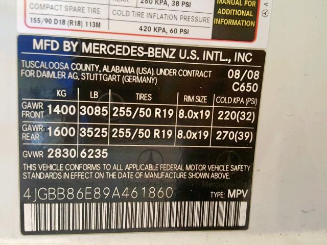 4JGBB86E89A461860 - 2009 MERCEDES-BENZ ML 350 WHITE photo 10