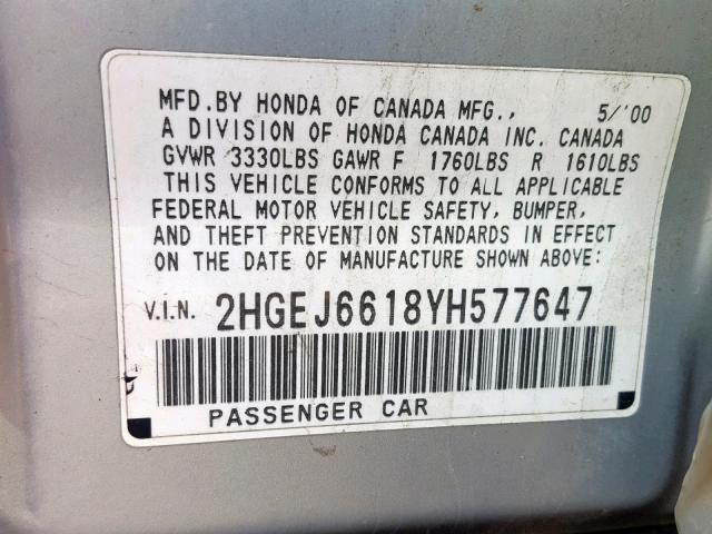 2HGEJ6618YH577647 - 2000 HONDA CIVIC BASE SILVER photo 10