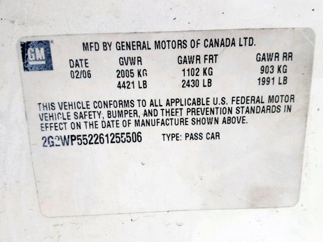 2G2WP552261255506 - 2006 PONTIAC GRAND PRIX WHITE photo 10