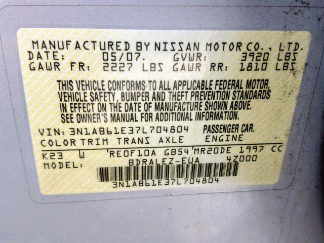 3N1AB61E37L704804 - 2007 NISSAN SENTRA 2.0 SILVER photo 10