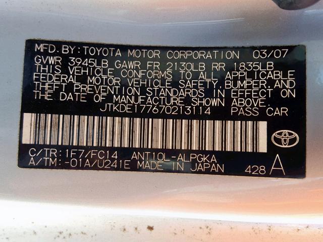 JTKDE177670213114 - 2007 TOYOTA SCION TC SILVER photo 10