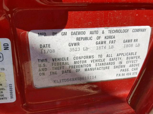 KL1TD56E49B619114 - 2009 CHEVROLET AVEO LS RED photo 10