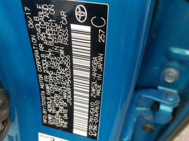 JTDKARFP5H3034556 - 2017 TOYOTA PRIUS PRIM 蓝色 照片 10