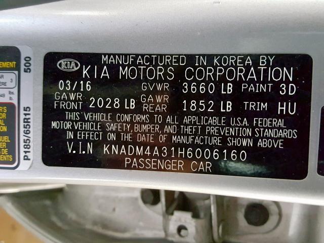 KNADM4A31H6006160 - 2017 KIA RIO LX GRAY photo 10